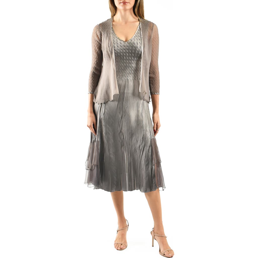 Komarov Sleeveless Charmeuse & Chiffon Cocktail Dress With Jacket In Gray