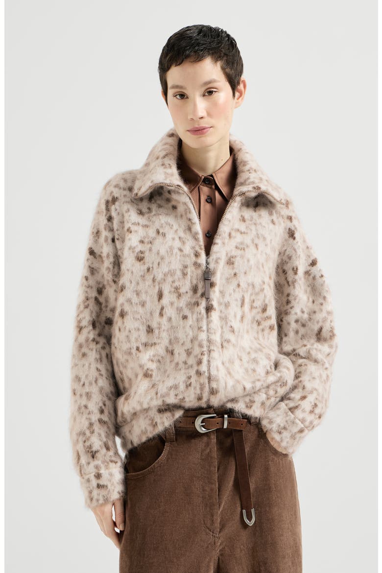 Lynx jacquard cardigan in mohair and wool with shiny zipper pull, Main, color, Buff