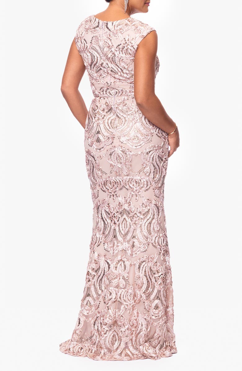 Xscape Evenings Sequin Floral Appliqué Sheath Gown, Alternate, color, Sand