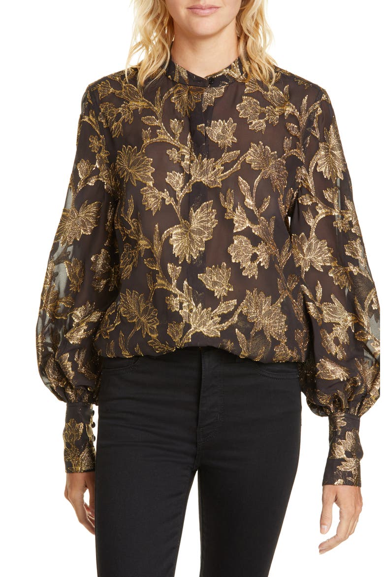 Boleyn Metallic Jacquard Silk Blouse, Main, color, BLACK GOLD