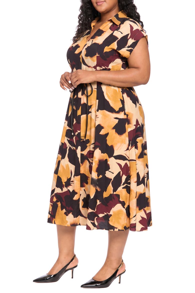 Cap-Sleeved Collared Midi Dress, Alternate, color, TAN/ GOLD