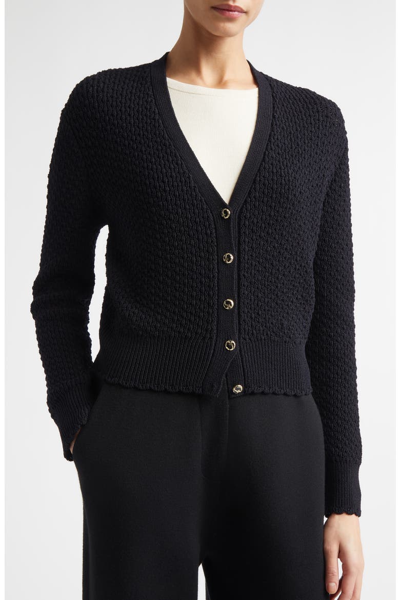 Perlé Crepe Wool Blend Cardigan, Alternate, color, BLACK