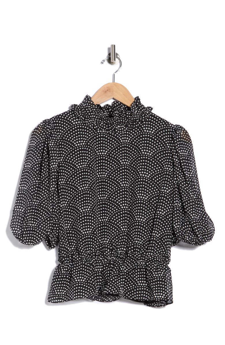 T Tahari Ruffle Mock Neck Top, Main, color, Black/ Ivory Scalloped Dots