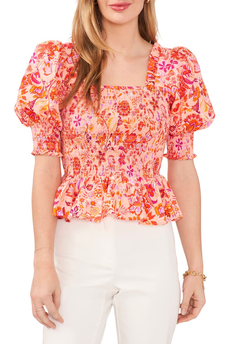Smocked Puff Sleeve Blouse, Main, color, PEACH/PINK/ORANGE