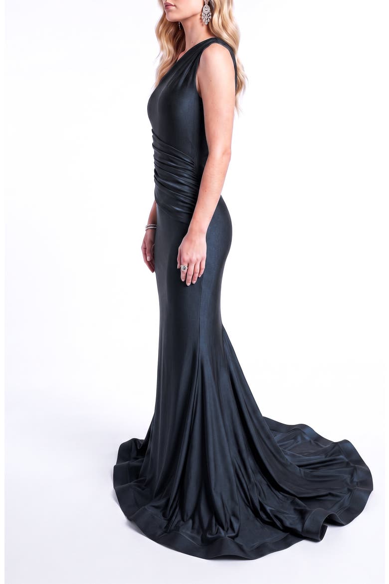 One Shoulder Ruched Mermaid Evening Gown, Alternate, color, Black