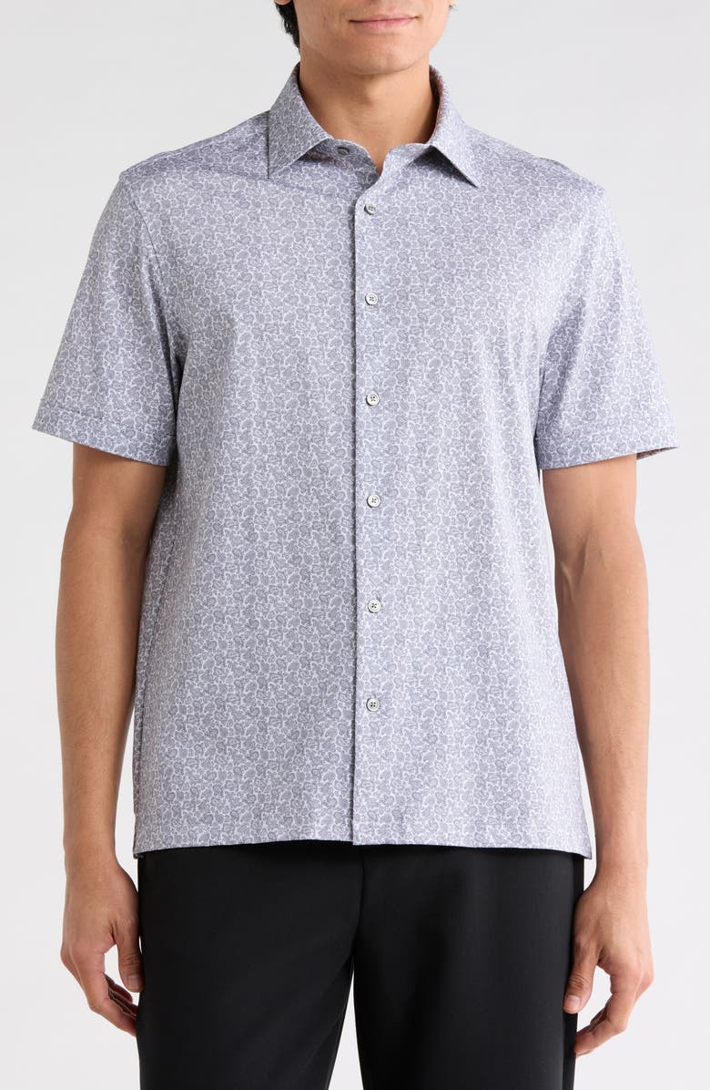 Bugatchi Short Sleeve Stretch Cotton Button-Up Shirt, Main, color, Platinum