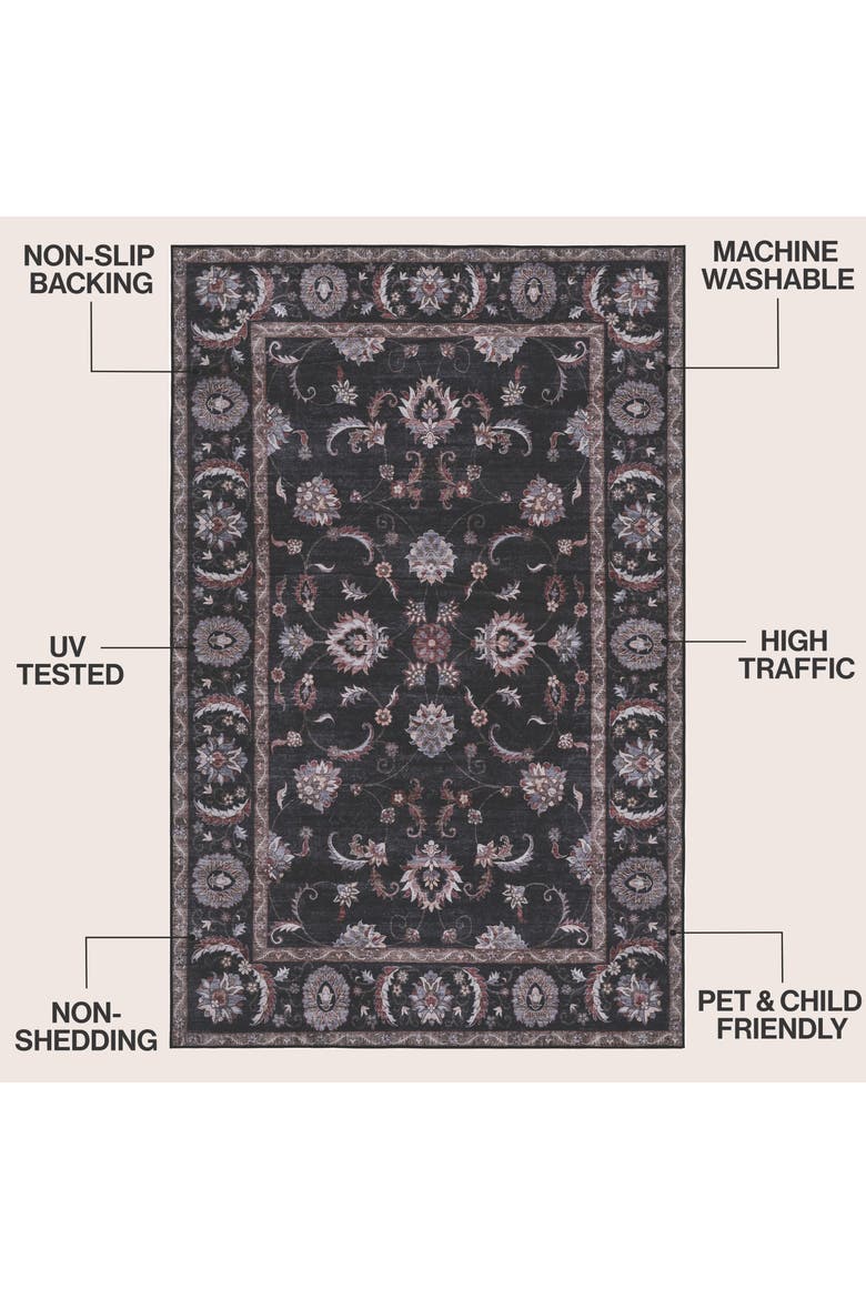 Arabella Vintage Floral Border Non-Slip Machine-Washable Dark Gray/Multi 4 ft. x 6 ft. Area Rug, Alternate, color, Dark Gray/Multi