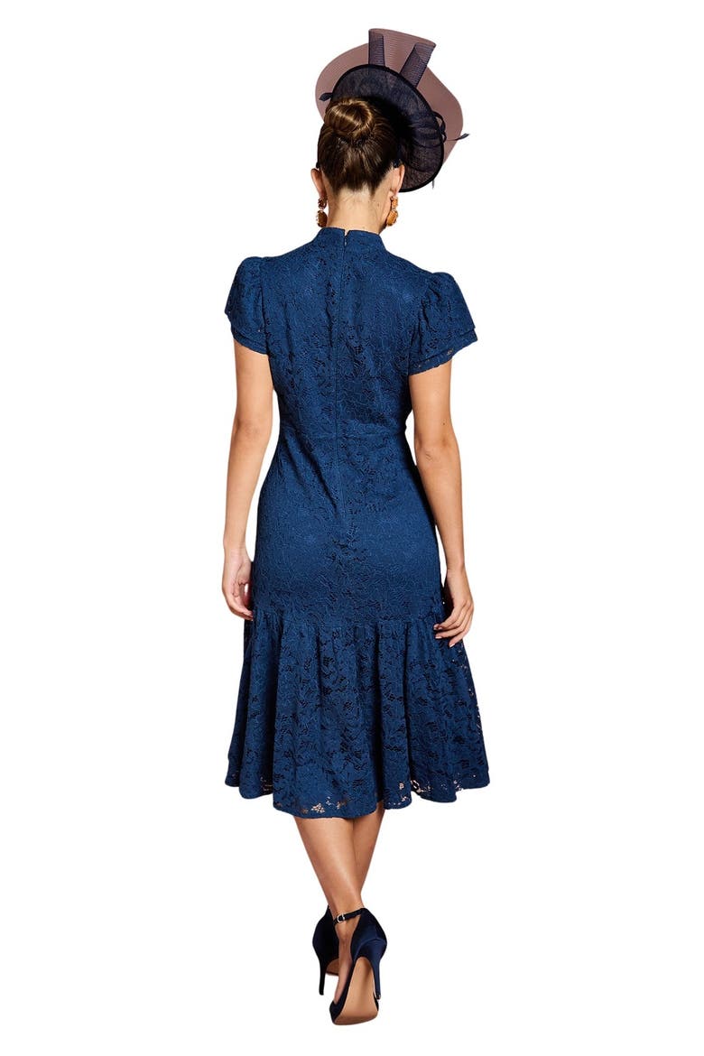 Lace Frill Sleeve High Neck Midi Dress, Alternate, color, Navy