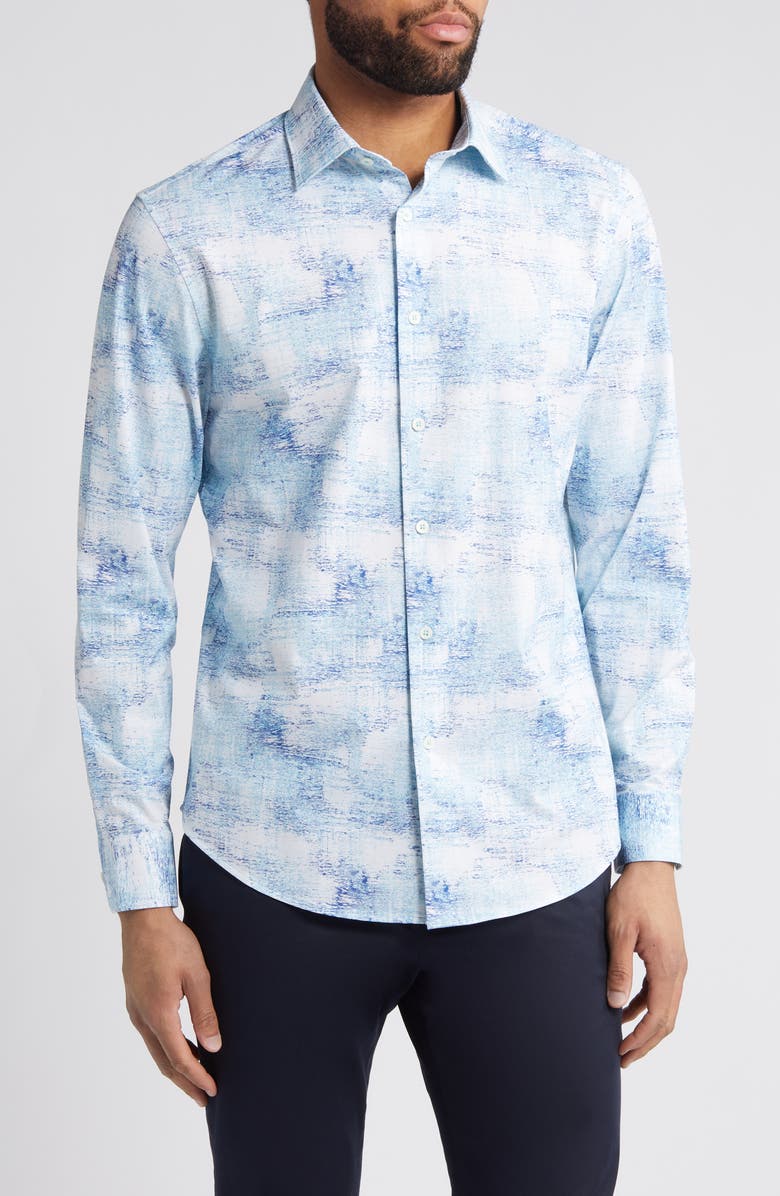Bugatchi James OoohCotton<sup
®</sup
 Print Button-Up Shirt, Main, color, Aqua