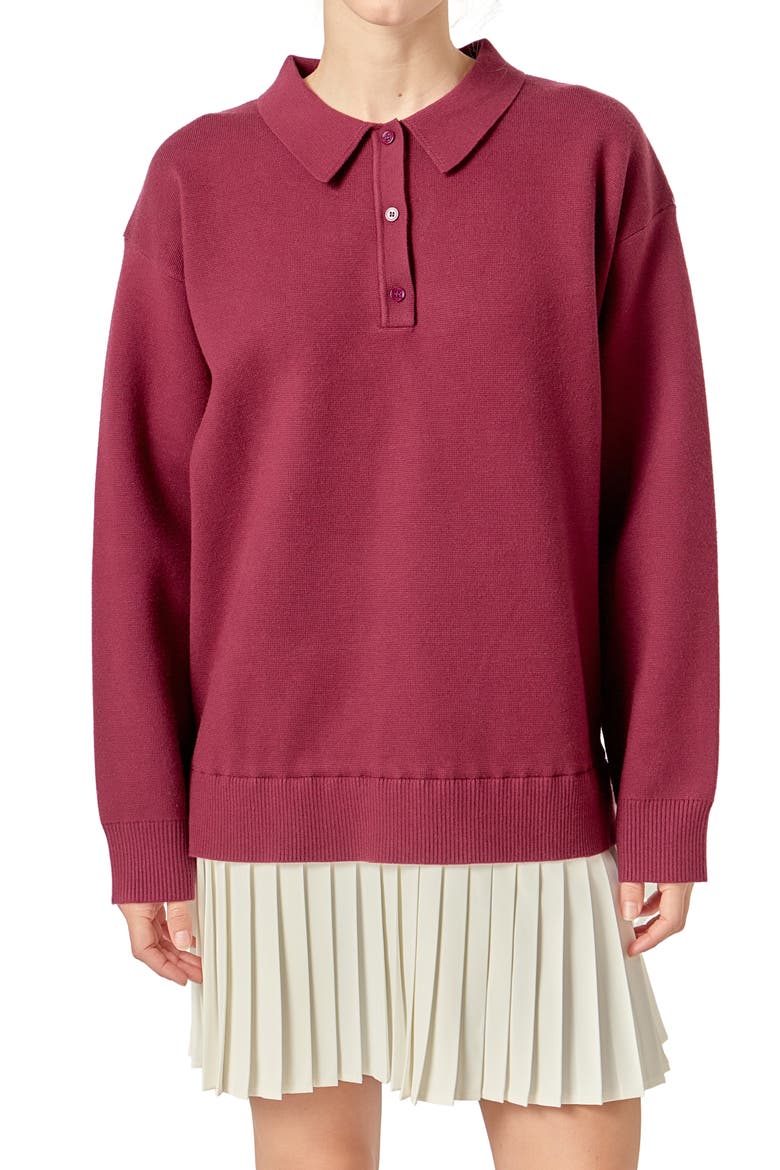 Long Sleeve Mixed Media Polo Minidress, Main, color, BURGUNDY/ WHITE