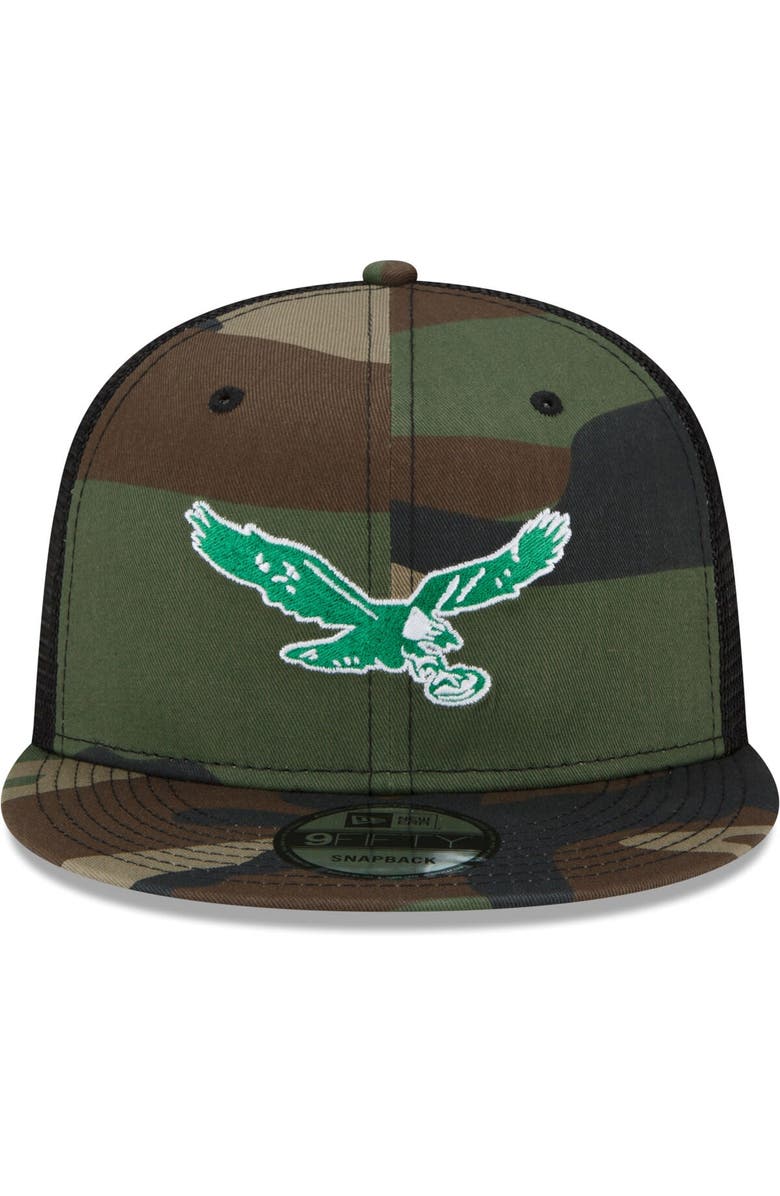 New Era Men's New Era Camo Philadelphia Eagles Woodland Trucker 2.0 9FIFTY Snapback Hat, Alternate, color, 
