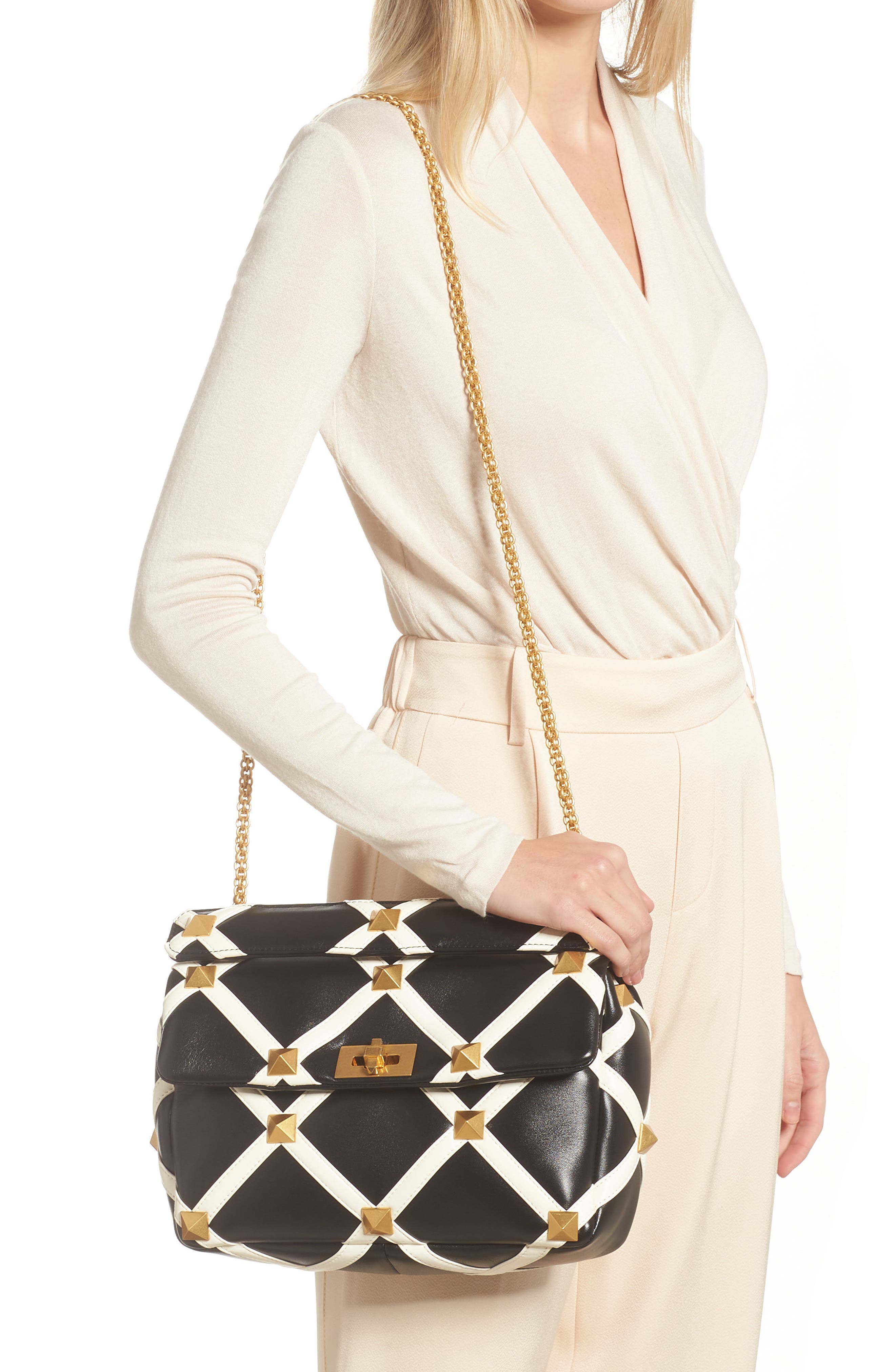 Valentino Garavani Large Roman Stud Inlay Leather Shoulder Bag, Alternate, color, 