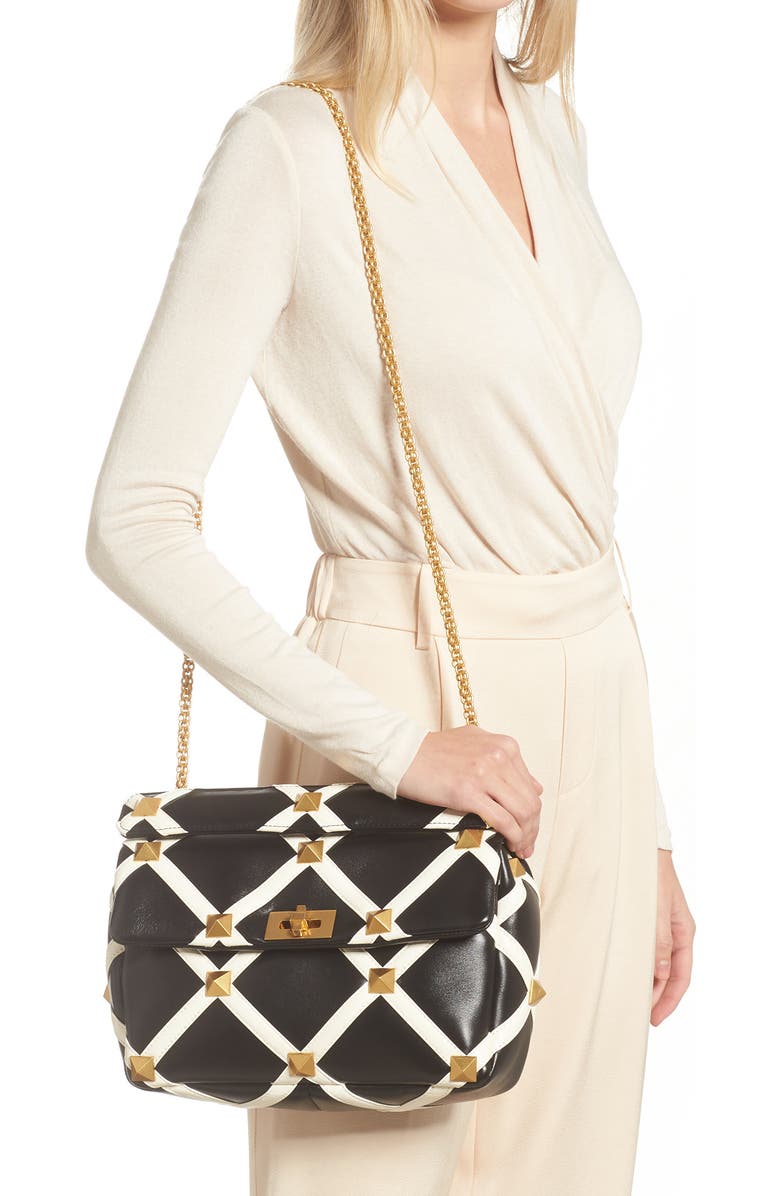 Valentino Garavani Large Roman Stud Inlay Leather Shoulder Bag, Alternate, color,