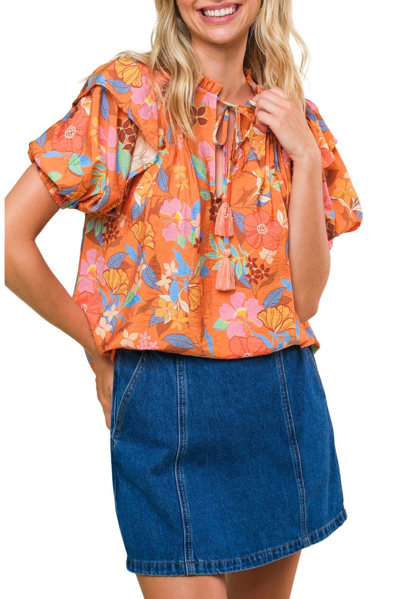 Printed Split Neck Top, Main, color, CAMEL