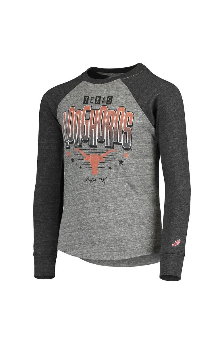 LEAGUE COLLEGIATE WEAR Youth League Collegiate Wear Heathered Gray Texas Longhorns Baseball Tri-Blend Raglan Long Sleeve T-Shirt, Alternate, color,