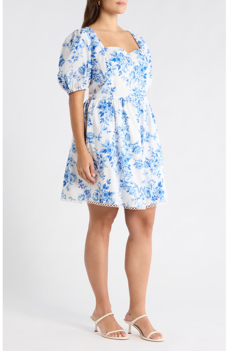 Juba Kaly Floral Puff Sleeve Cotton Minidress, Alternate, color, WHITE BLUE