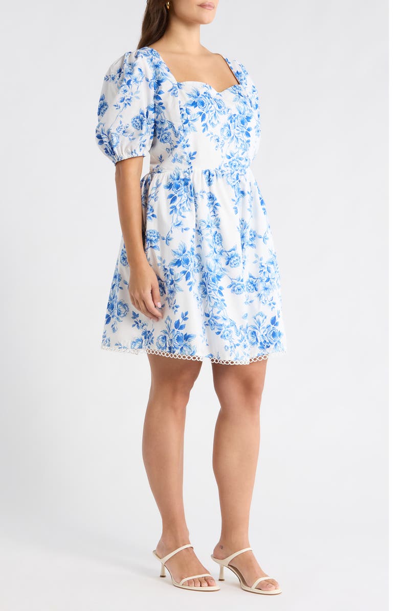SUGARLIPS Juba Kaly Floral Puff Sleeve Cotton Minidress, Alternate, color, White Blue
