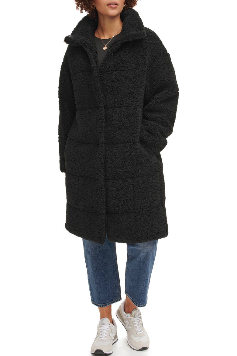 Quilted Fleece Long Teddy Coat, Main, color, BLACK