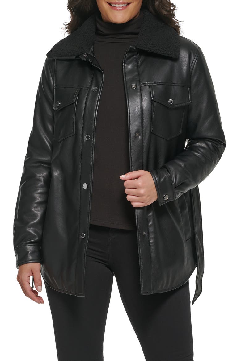 Faux Leather Tie Belt Shacket with Removable Faux Shearling Collar, Alternate, color, BLACK