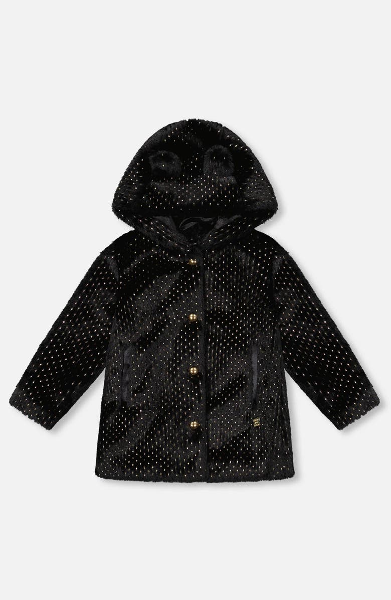 Deux par Deux Bear Faux Fur Coat with Gold Polka Dots, Main, color, Black