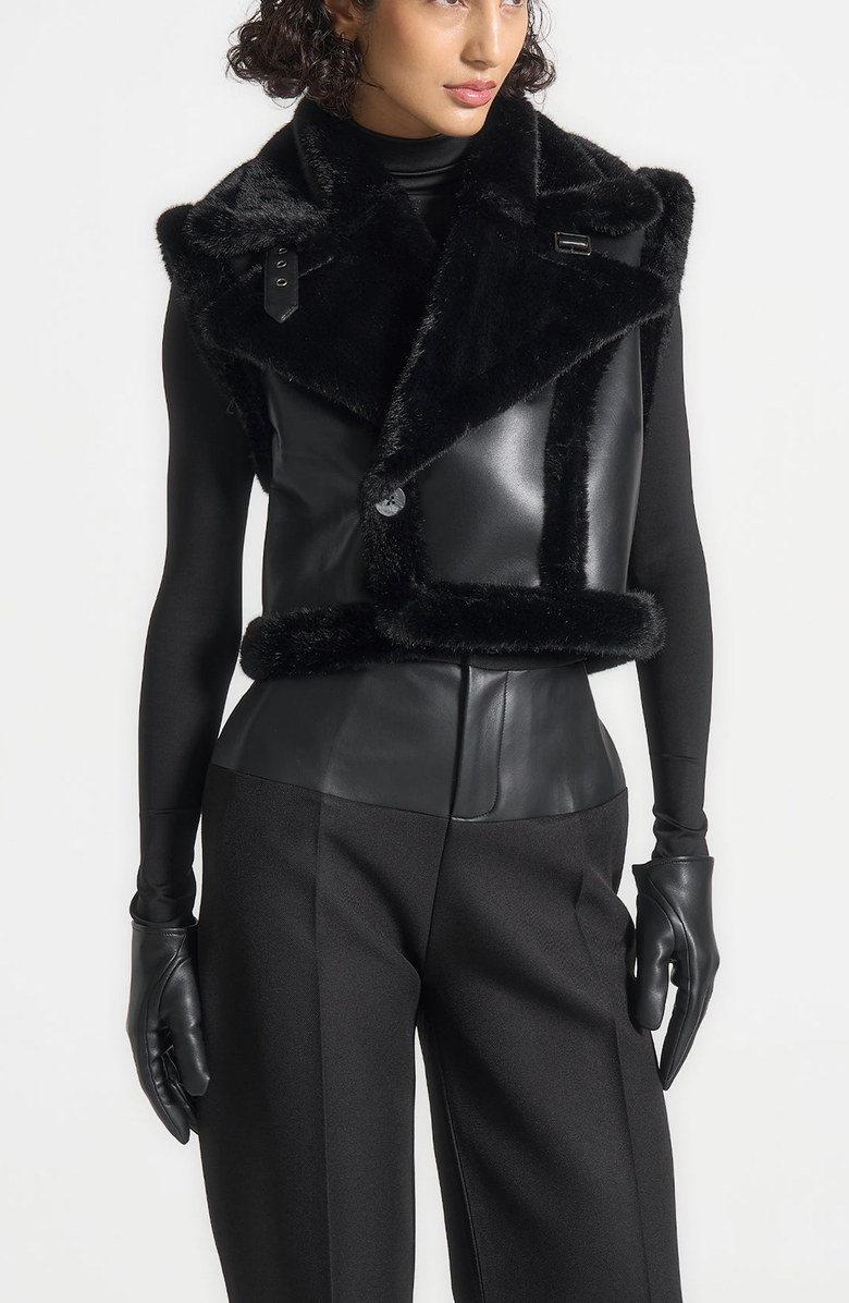 Manière De Voir Kena Leather & Plush 2-in-1 Gilet Jacket, Alternate, color, Black
