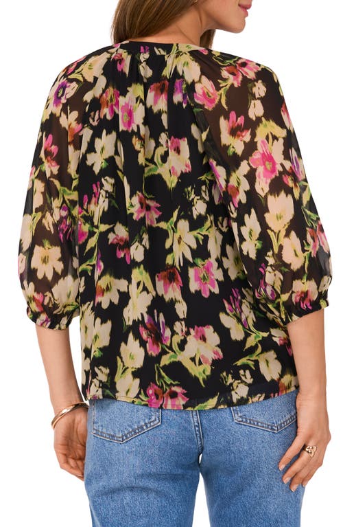 Vince Camuto Floral Print Raglan Sleeve Button-up Top In Black