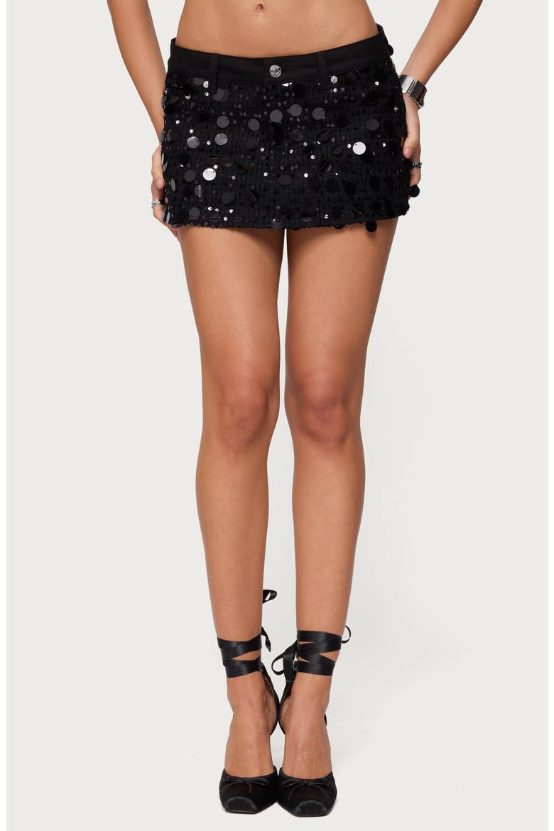 Alenna Low Rise Demin Sequin Miniskort, Main, color, BLACK