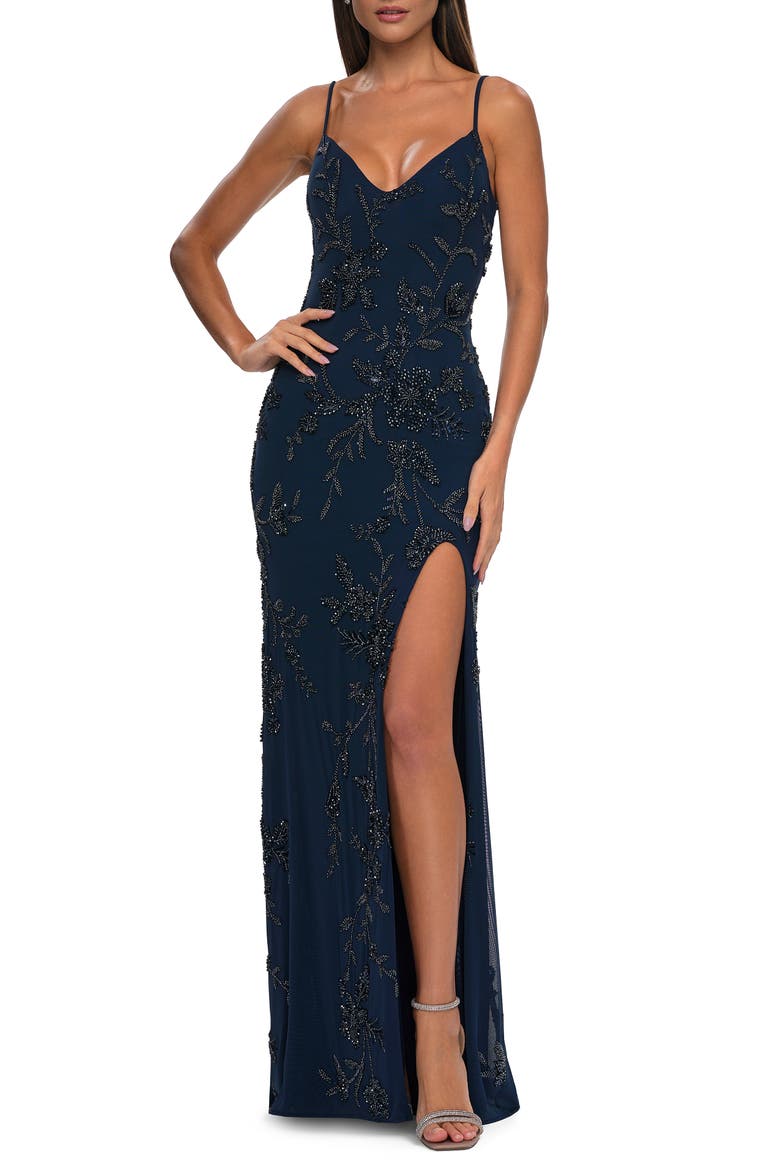 Beautiful Beaded Evening Gown with V Neckline and Open Back, Main, color, Navy