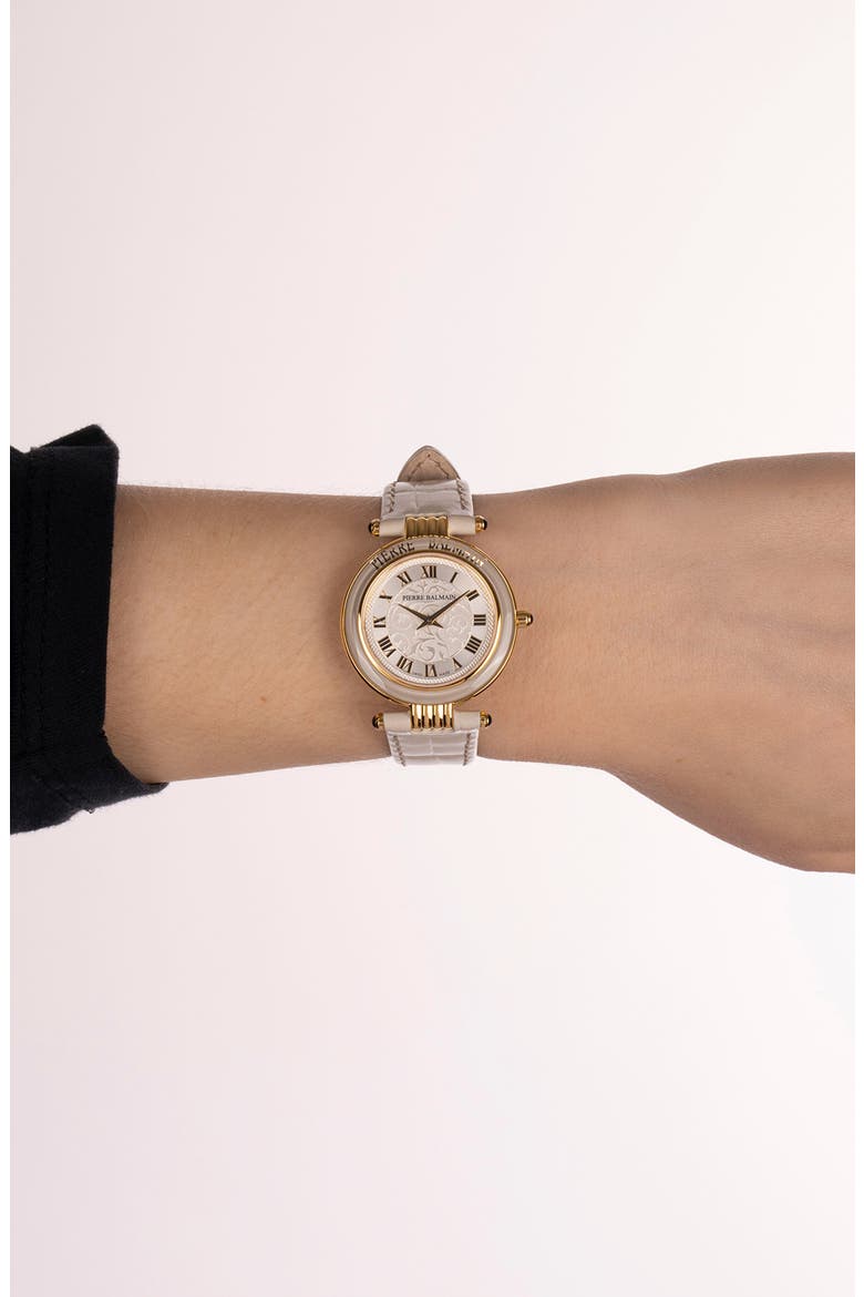 Haute Elegance Leather Strap Watch, 30mm, Alternate, color, STAINLESS STEEL WITH BEIGE