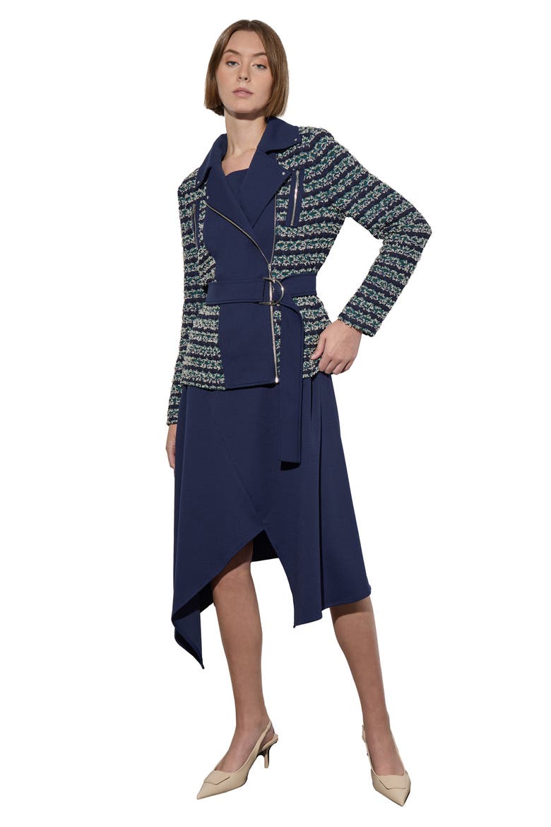 Belted Mixed Media Moto Jacket, Alternate, color, REGATTA/ MULTI