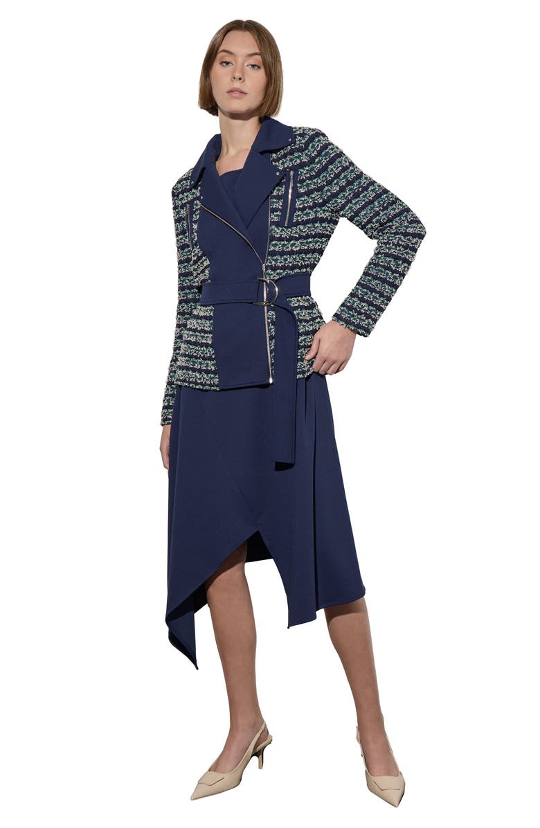 Ming Wang Belted Mixed Media Moto Jacket, Alternate, color, Regatta/ Multi