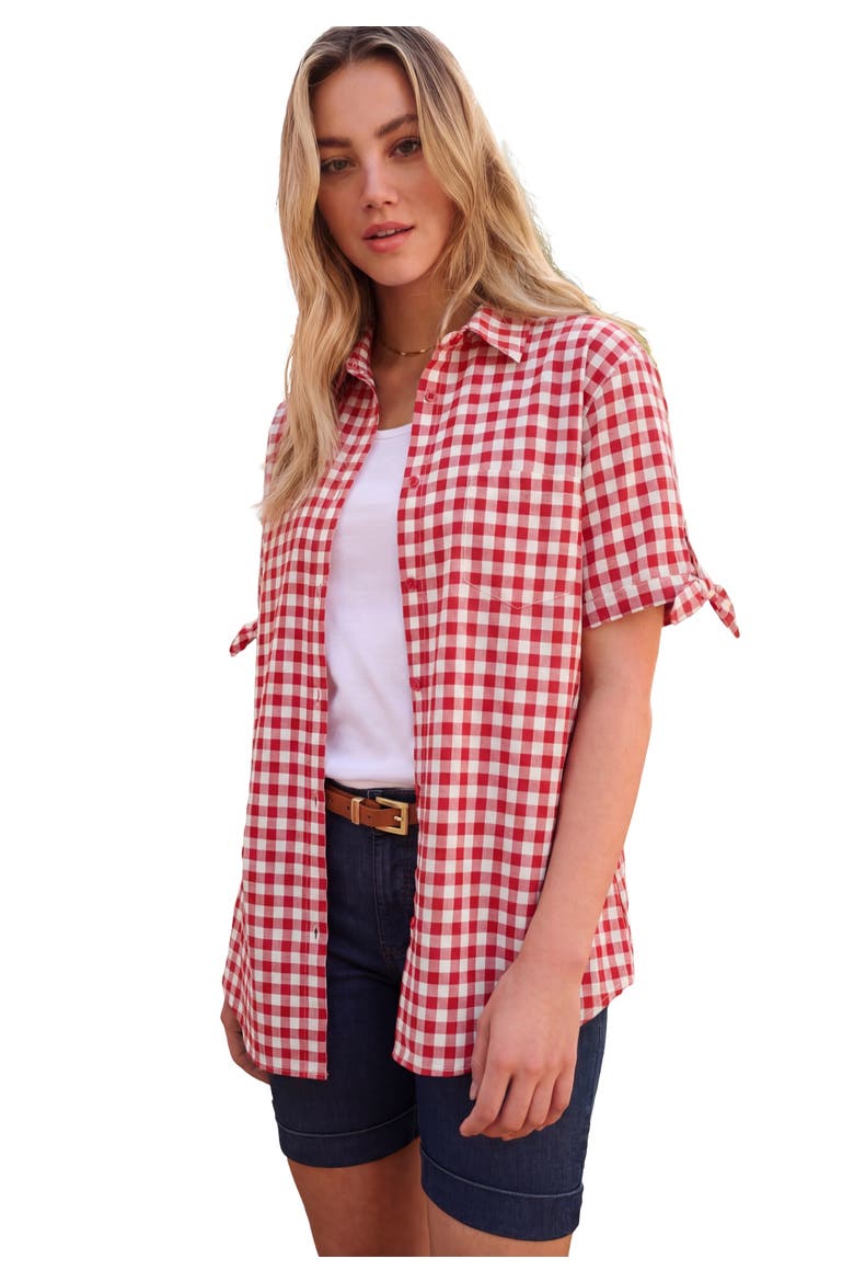 Tie Sleeve Button Down Shirt, Main, color, VIVID RED CHECK