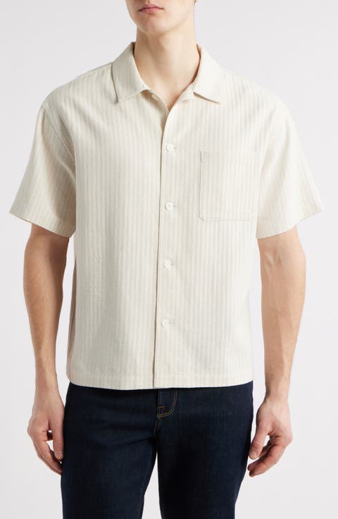 Jacquard Stripe Cotton & Linen Blend Camp Shirt
