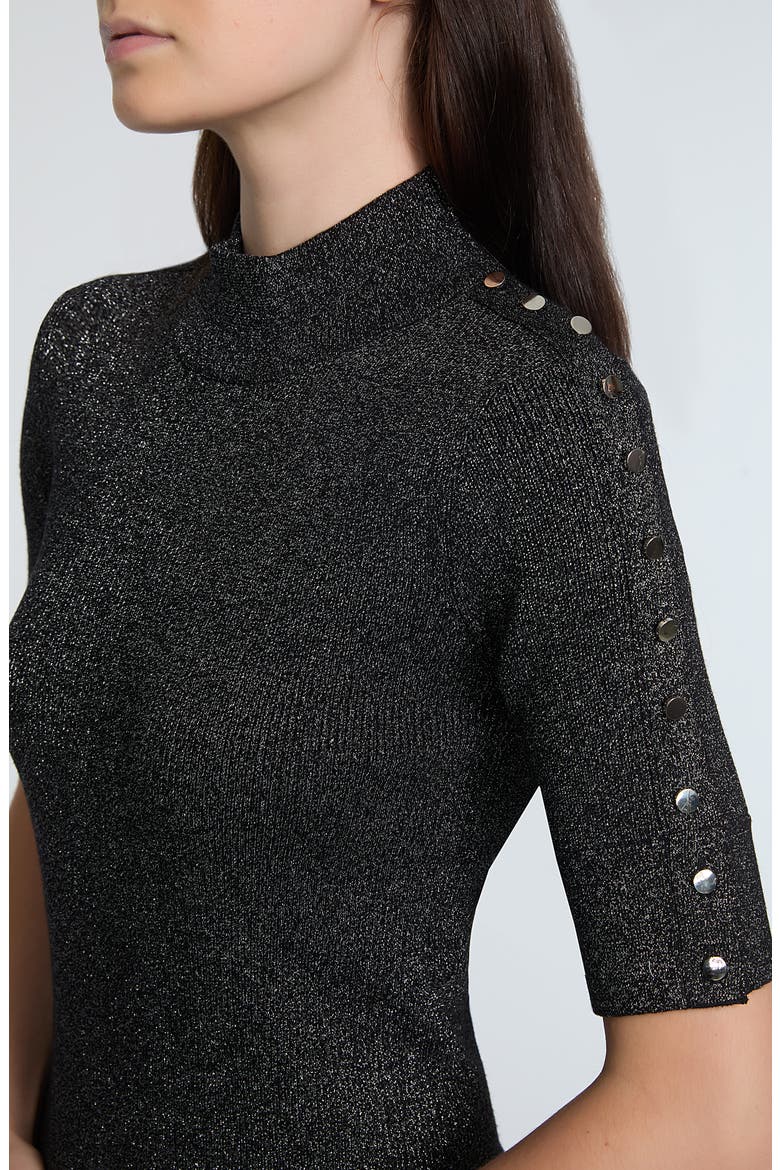 The Samantha Metallic Snap Accent Mock Neck Sweater, Alternate, color, NOIR WITH GUNMETAL LUREX