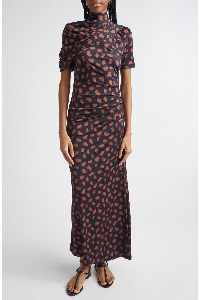 Serene Print Ruched Jersey Safari Dress, Main, color, BLACK / COFFEE