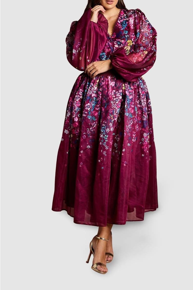 Plus Floral Organza Midaxi Dress, Alternate, color, Plum