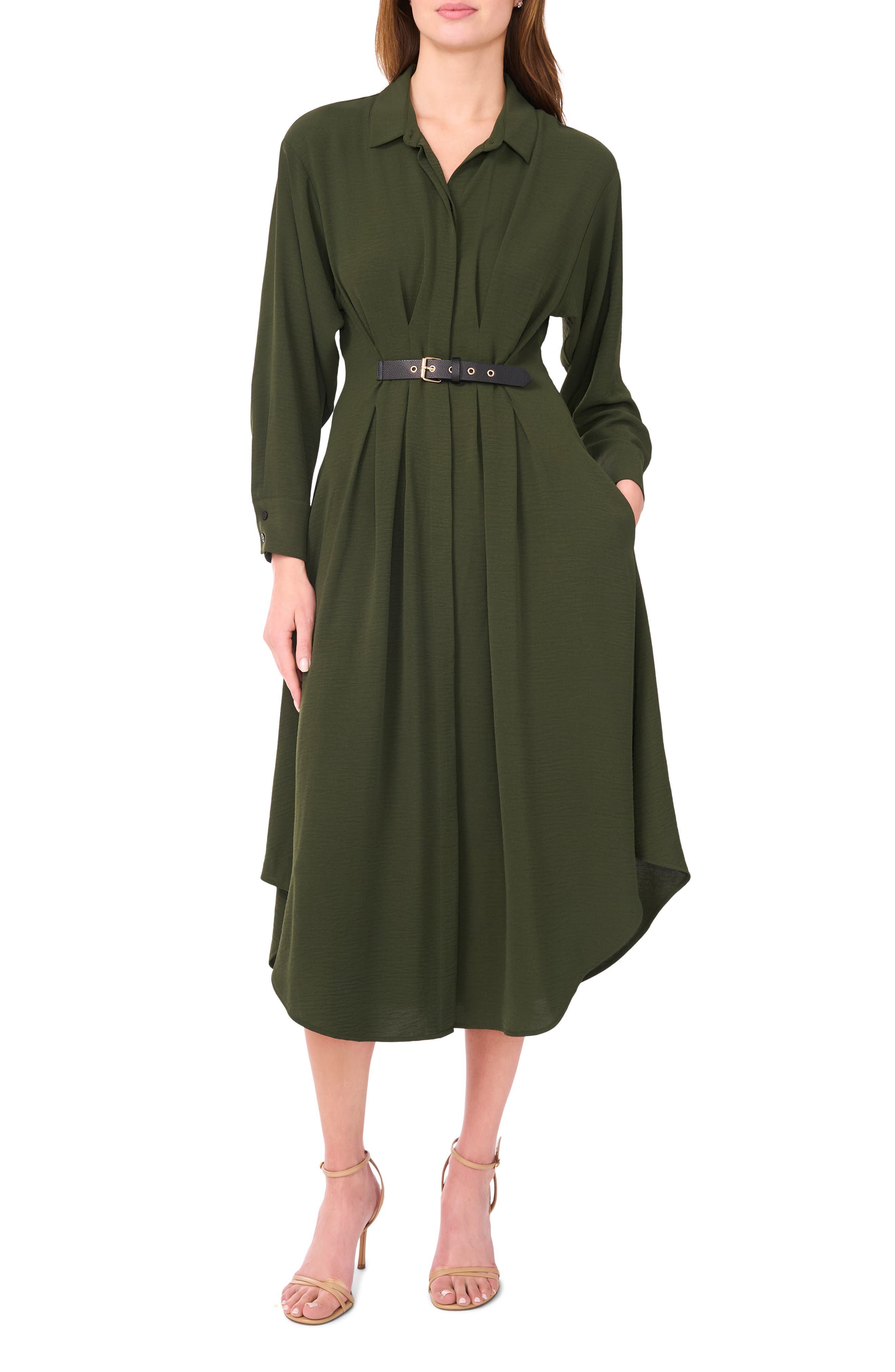 Halogen® Pleated Long Sleeve Belted Waist Midi Shirtdress