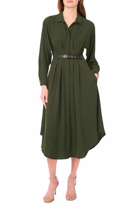 Halogen® Pleated Long Sleeve Belted Waist Midi Shirtdress