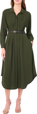 Halogen® Pleated Long Sleeve Belted Waist Midi Shirtdress
