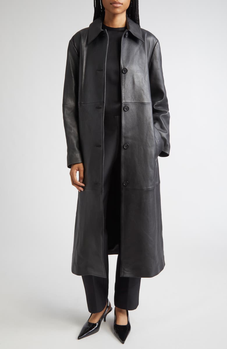 TOTEME Oversize Belted Leather Coat, Alternate, color, Black