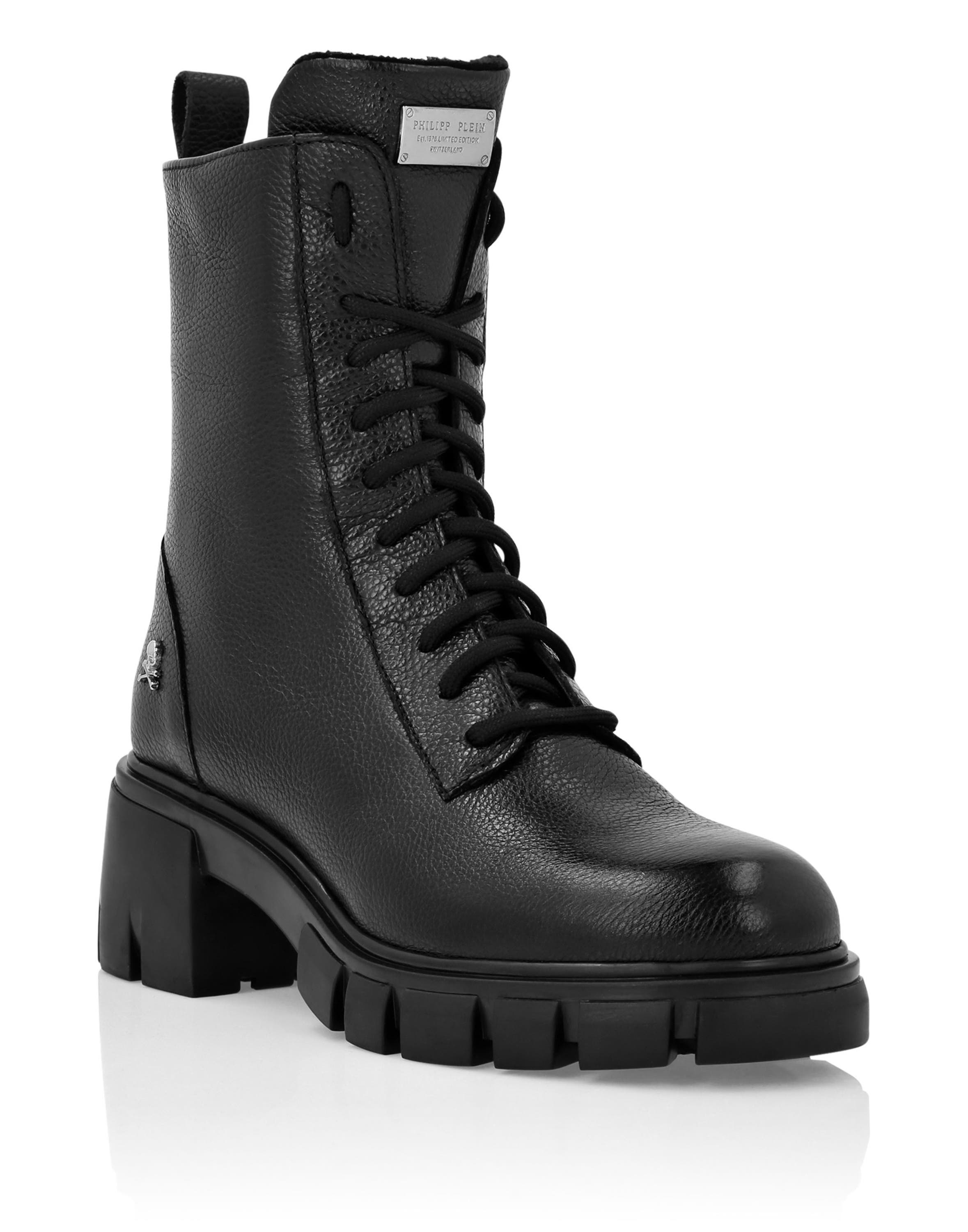 PHILIPP PLEIN Leather Low Flat Boots Women, Main, color, Black