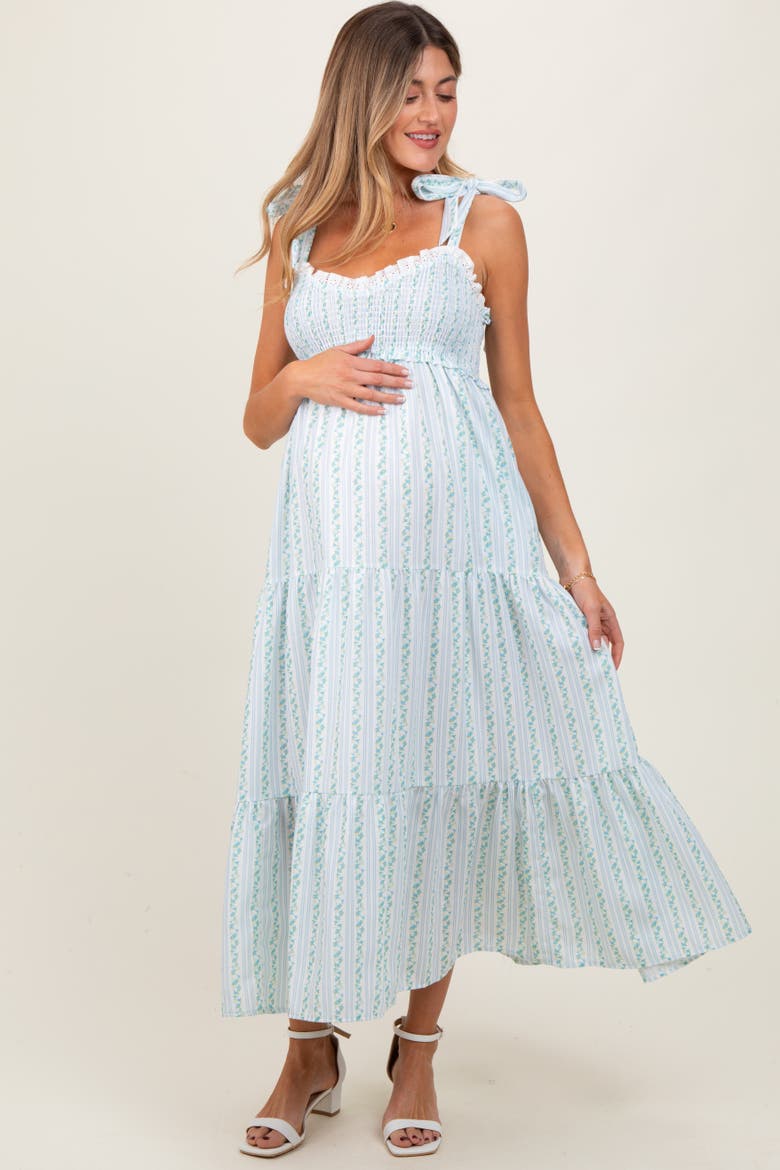 Floral Striped Smocked Shoulder Tie Maxi Dress, Main, color, Blue