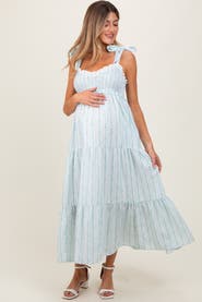 PinkBlush Floral Striped Smocked Shoulder Tie Maxi Dress