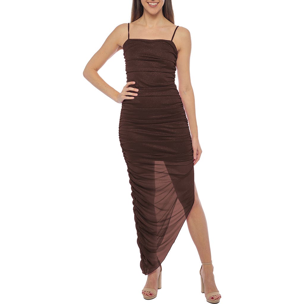 Jump Apparel Glitter Mesh Ruched Body-con Dress In Chocolate