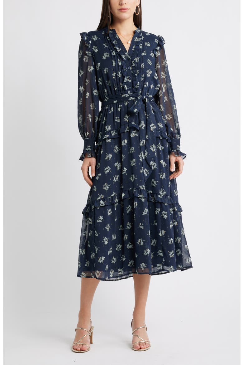 Floral Fil Coupé Long Sleeve Midi Dress, Main, color, NAVY MATHILDE FLORAL