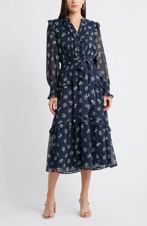 Floral Fil Coupé Long Sleeve Midi Dress