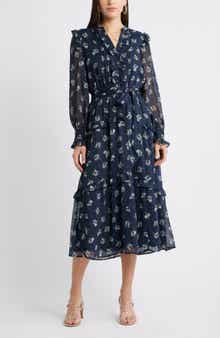 Caslon® Floral Fil Coupé Long Sleeve Midi Dress