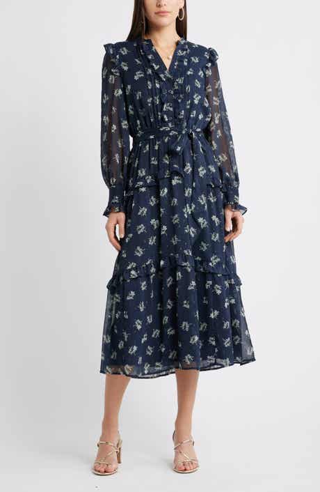 Caslon® Floral Fil Coupé Long Sleeve Midi Dress