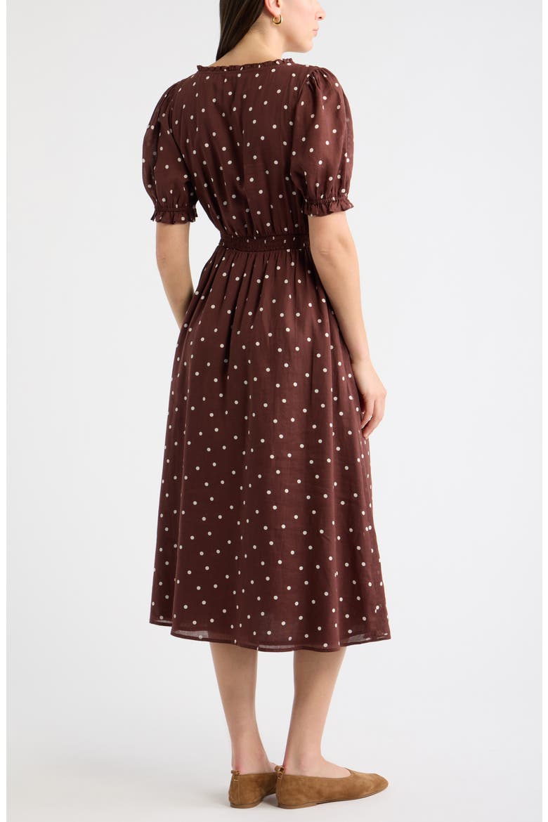 Smocked Midi Dress, Alternate, color, BROWN IVORY TOSS DOT