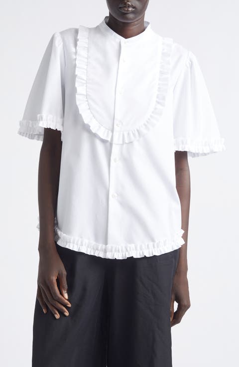 Ruffle Trim Cotton Broadcloth Button-Up Shirt
